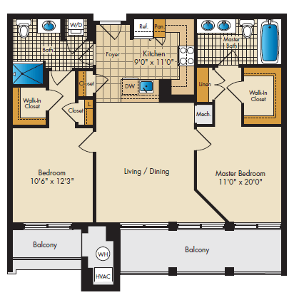Floor plan for 2 beds, 2 baths, 1165 sqft